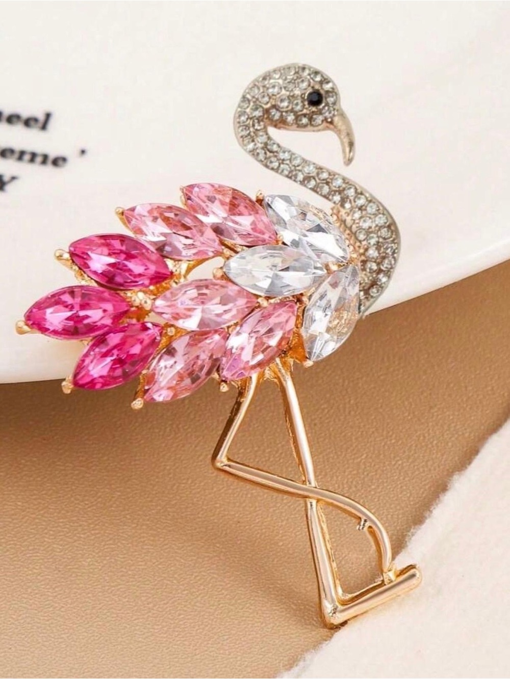 Gold Flamingo Brooch with Pink and Clear Crystals